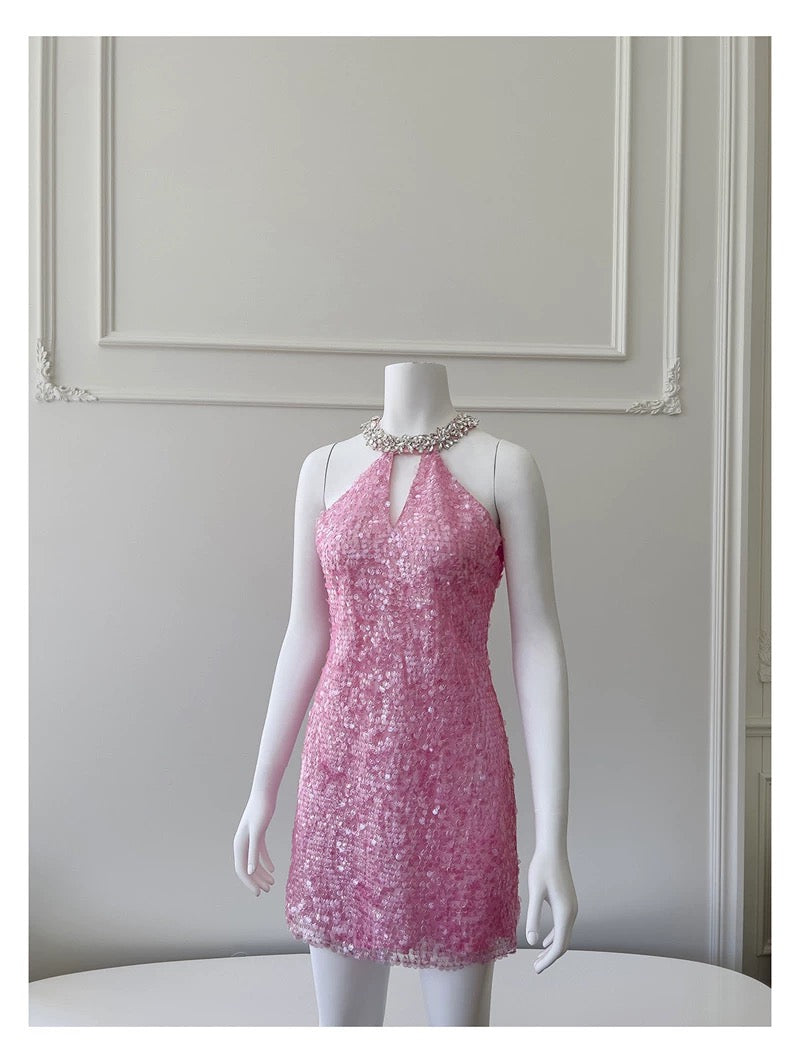 Vestido corto de fiesta de verano con lentejuelas rosas, cuello alto y tirantes finos, para octavo grado, W985