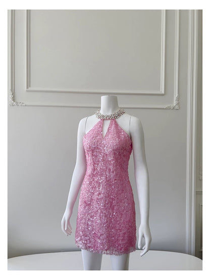 Vestido corto de fiesta de verano con lentejuelas rosas, cuello alto y tirantes finos, para octavo grado, W985
