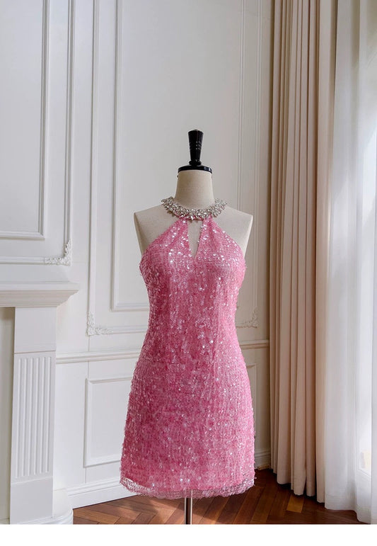 Vestido corto de fiesta de verano con lentejuelas rosas, cuello alto y tirantes finos, para octavo grado, W985