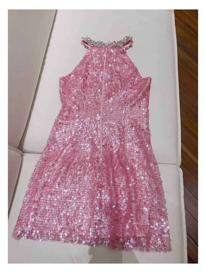 Vestido corto de fiesta de verano con lentejuelas rosas, cuello alto y tirantes finos, para octavo grado, W985