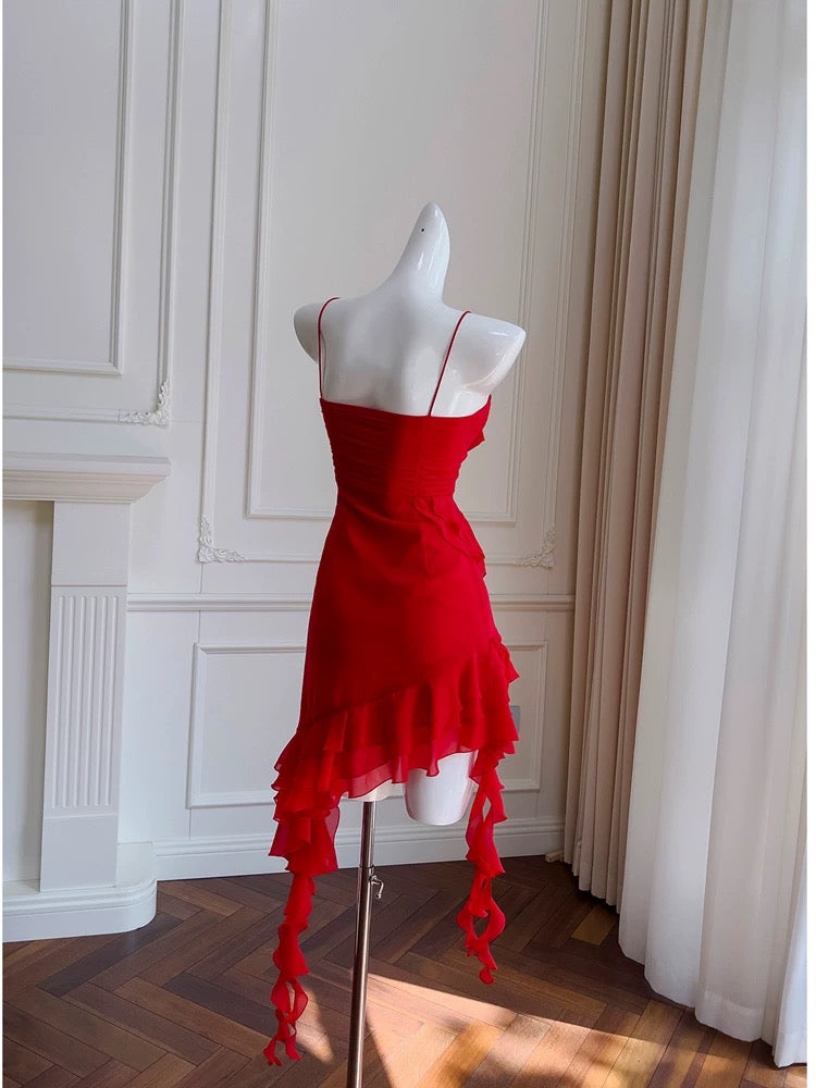 Vestido corto de gasa roja con tirantes finos para fiesta de 8.º grado, vestido de verano para escuela secundaria, vestido de cóctel, atuendos de cumpleaños W988