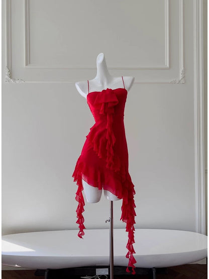 Vestido corto de gasa roja con tirantes finos para fiesta de 8.º grado, vestido de verano para escuela secundaria, vestido de cóctel, atuendos de cumpleaños W988