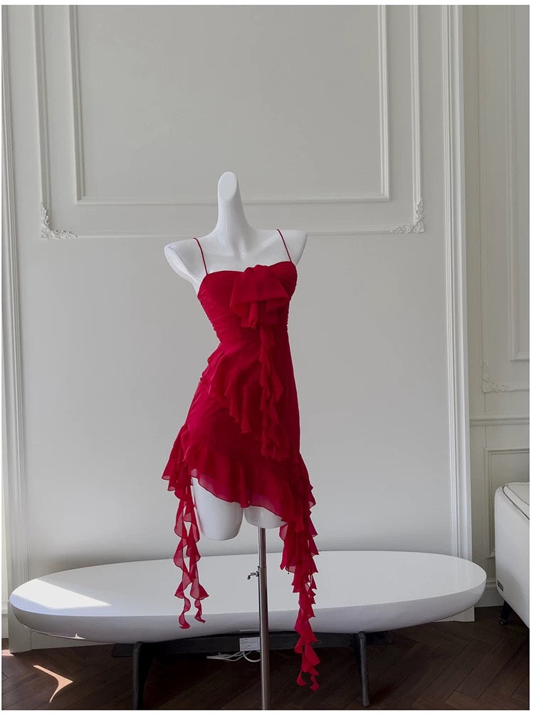 Vestido corto de gasa roja con tirantes finos para fiesta de 8.º grado, vestido de verano para escuela secundaria, vestido de cóctel, atuendos de cumpleaños W988