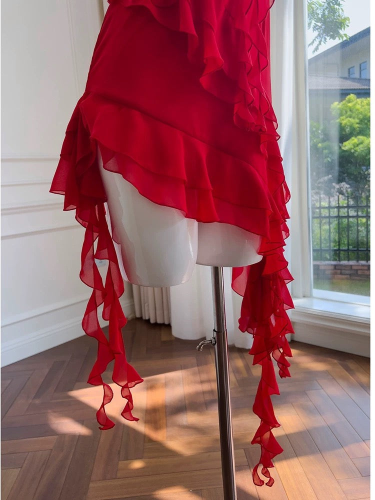 Vestido corto de gasa roja con tirantes finos para fiesta de 8.º grado, vestido de verano para escuela secundaria, vestido de cóctel, atuendos de cumpleaños W988