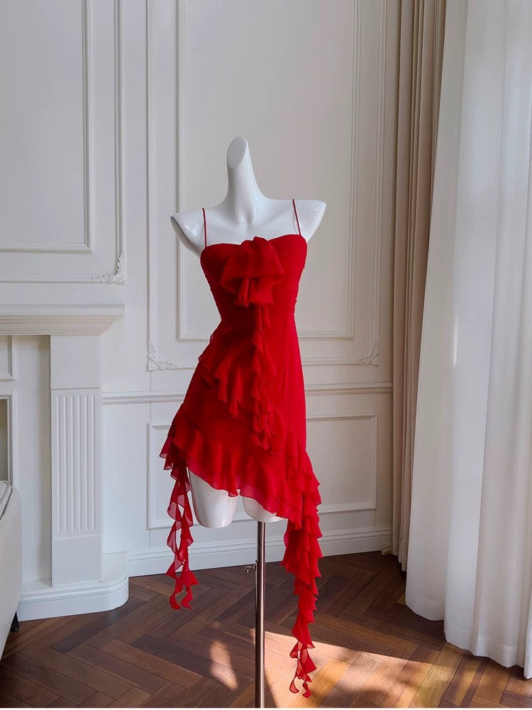 Vestido corto de gasa roja con tirantes finos para fiesta de 8.º grado, vestido de verano para escuela secundaria, vestido de cóctel, atuendos de cumpleaños W988