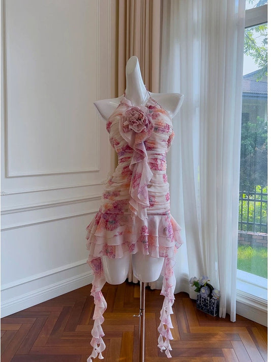 Vestido corto de gasa con volantes y cuello halter floral para octavo grado, vestido de verano para escuela secundaria, vestido de cóctel, atuendos de cumpleaños W989
