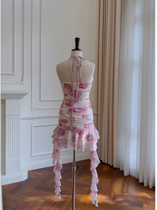 Vestido corto de gasa con volantes y cuello halter floral para octavo grado, vestido de verano para escuela secundaria, vestido de cóctel, atuendos de cumpleaños W989
