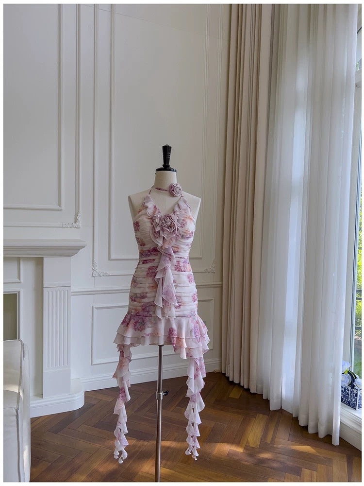 Vestido corto de gasa con volantes y cuello halter floral para octavo grado, vestido de verano para escuela secundaria, vestido de cóctel, atuendos de cumpleaños W989