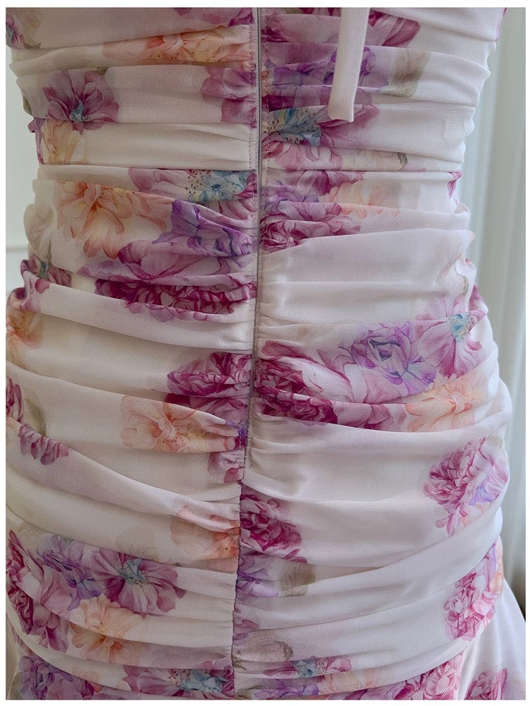 Vestido corto de gasa con volantes y cuello halter floral para octavo grado, vestido de verano para escuela secundaria, vestido de cóctel, atuendos de cumpleaños W989