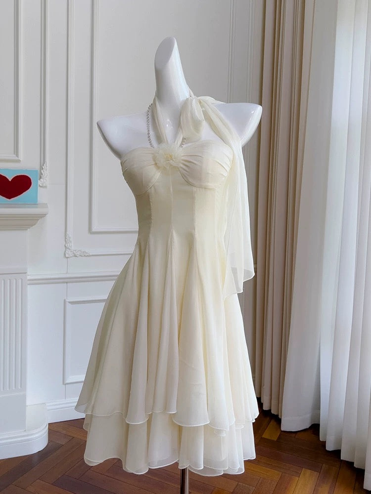 Vestido corto de gasa con cuello halter y corte en A para regreso a casa de octavo grado, vestido de verano para escuela secundaria, vestido de cóctel, atuendos de cumpleaños W991
