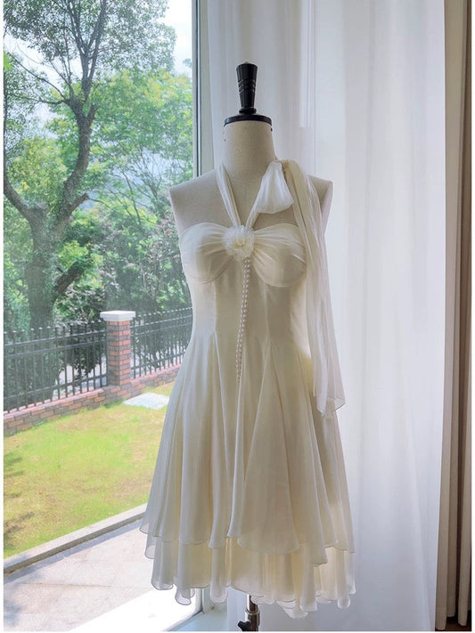 Vestido corto de gasa con cuello halter y corte en A para regreso a casa de octavo grado, vestido de verano para escuela secundaria, vestido de cóctel, atuendos de cumpleaños W991