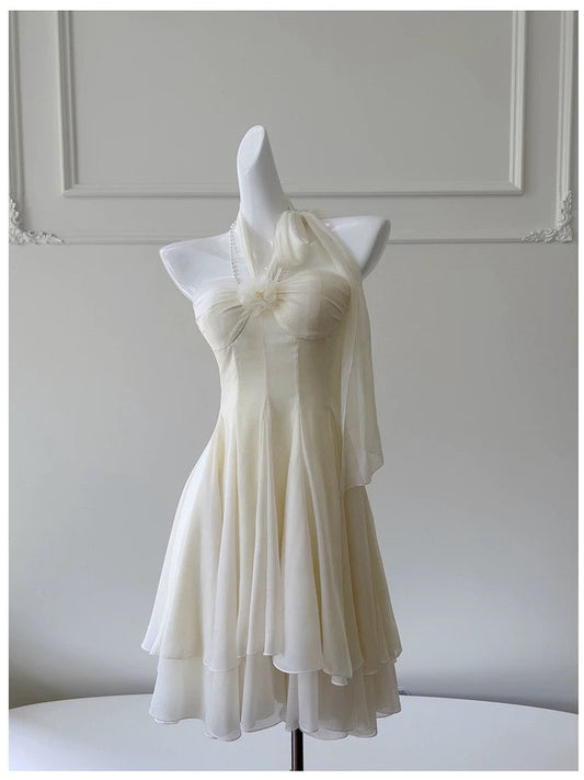 Vestido corto de gasa con cuello halter y corte en A para regreso a casa de octavo grado, vestido de verano para escuela secundaria, vestido de cóctel, atuendos de cumpleaños W991