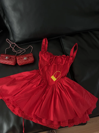 Vestido corto rojo de fiesta con escote cuadrado y corte en A, para verano, para escuela secundaria, 8.º grado, cóctel, cumpleaños, W992