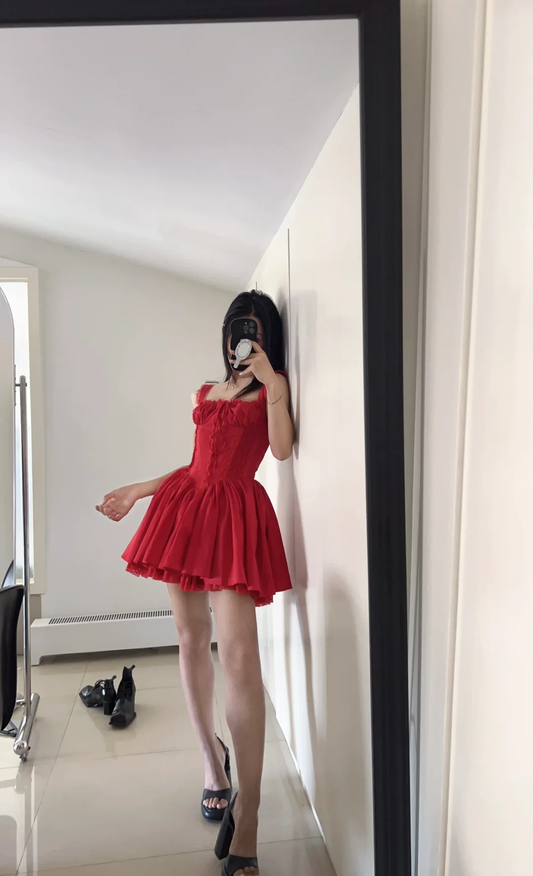 Vestido corto rojo de fiesta con escote cuadrado y corte en A, para verano, para escuela secundaria, 8.º grado, cóctel, cumpleaños, W992