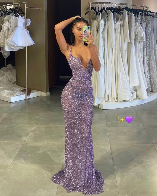 Vestido de fiesta de sirena sexy con tirantes finos y lentejuelas lilas, vestido de fiesta de verano para 20 cumpleaños, vestidos de cumpleaños W993