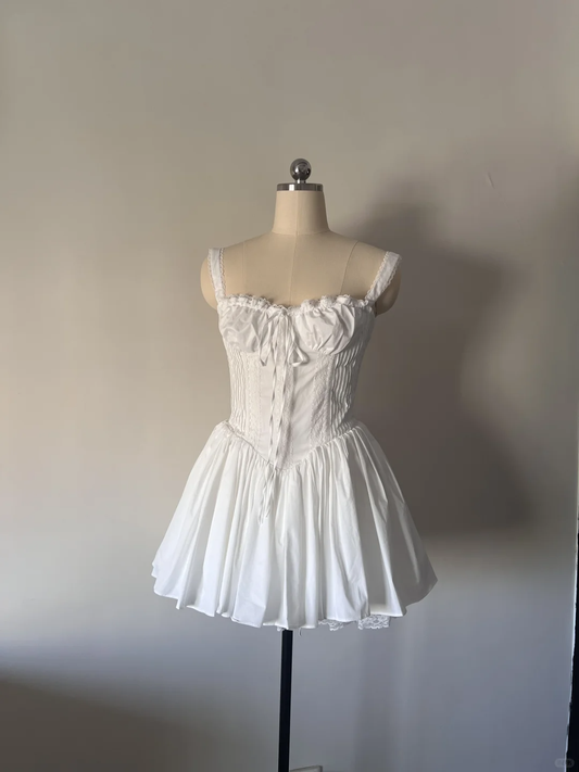 Vestido corto de encaje blanco con escote cuadrado y corte A para fiesta de verano, para escuela secundaria, 8.º grado, fiesta de verano, cumpleaños, W993