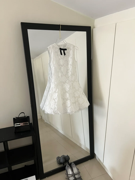 Vestido corto formal de encaje blanco con escote redondo y corte A para octavo grado, ideal para el regreso a casa, para verano, para escuela secundaria, para cumpleaños, W994