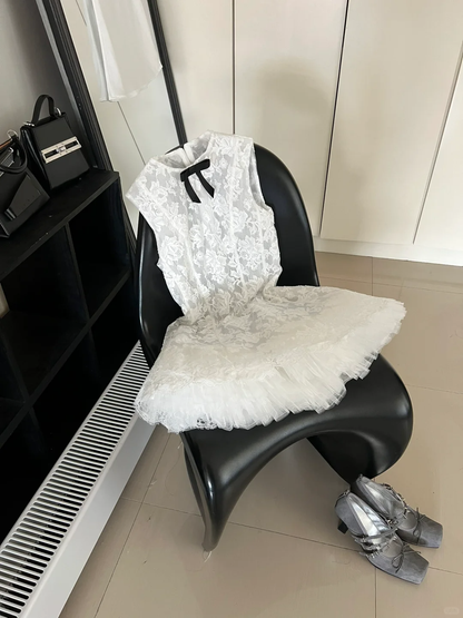 Vestido corto formal de encaje blanco con escote redondo y corte A para octavo grado, ideal para el regreso a casa, para verano, para escuela secundaria, para cumpleaños, W994