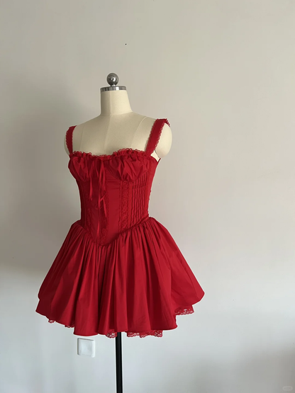 Vestido corto de encaje rojo con escote cuadrado y corte A para regreso a casa, de verano, para escuela secundaria, 8.º grado, fiesta de verano, cumpleaños, W995