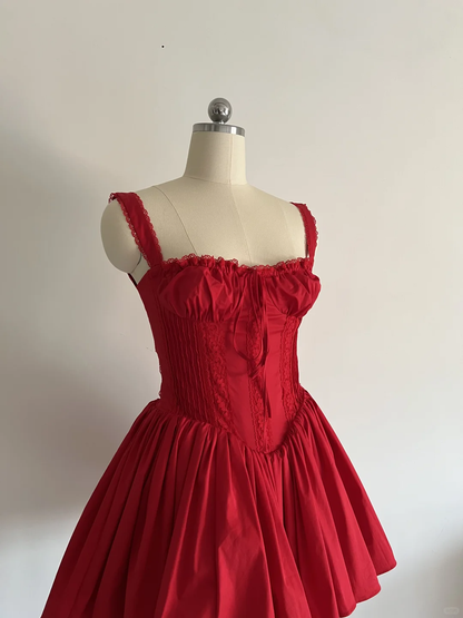 Vestido corto de encaje rojo con escote cuadrado y corte A para regreso a casa, de verano, para escuela secundaria, 8.º grado, fiesta de verano, cumpleaños, W995