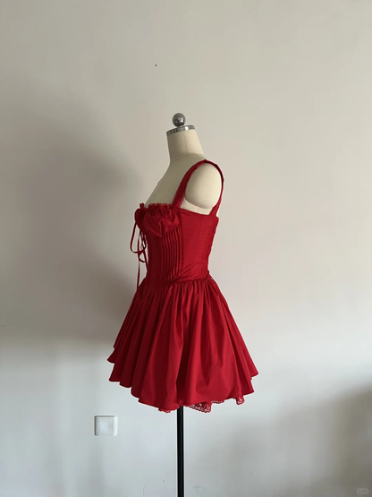 Vestido corto de encaje rojo con escote cuadrado y corte A para regreso a casa, de verano, para escuela secundaria, 8.º grado, fiesta de verano, cumpleaños, W995
