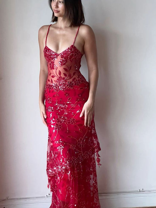 Vestido de fiesta largo rojo con tirantes finos y corte sirena, sexy, para verano, para celebrar 20 cumpleaños, W996