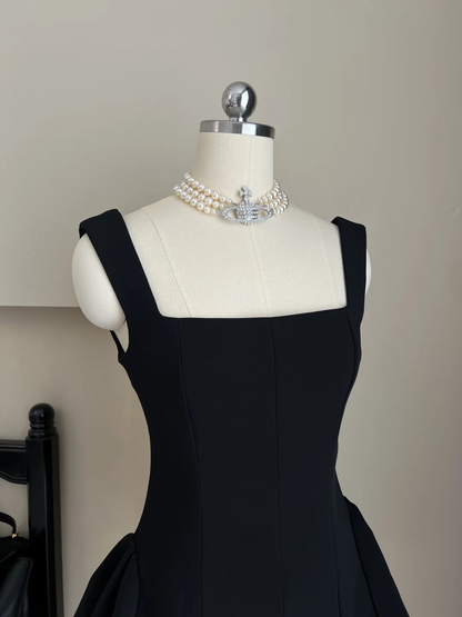 Vestido negro corto de satén, sencillo, con escote cuadrado, corte A, para fiesta de 8.º grado, de verano, para escuela secundaria, de fiesta, de cumpleaños, W996