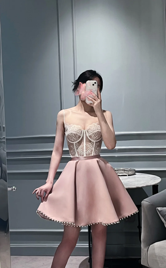 Vestido rosa corto formal de verano para octavo grado, con tirantes finos, corte A, para fiesta de bienvenida, escuela secundaria, W998