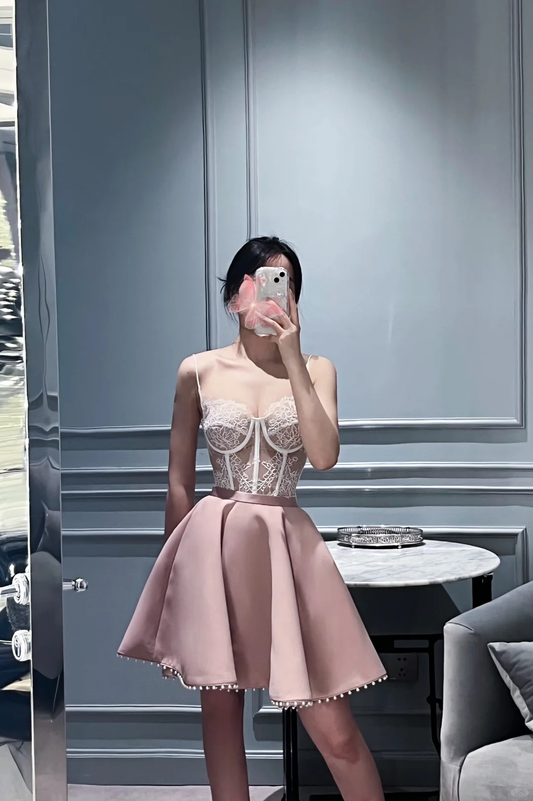 Vestido rosa corto formal de verano para octavo grado, con tirantes finos, corte A, para fiesta de bienvenida, escuela secundaria, W998