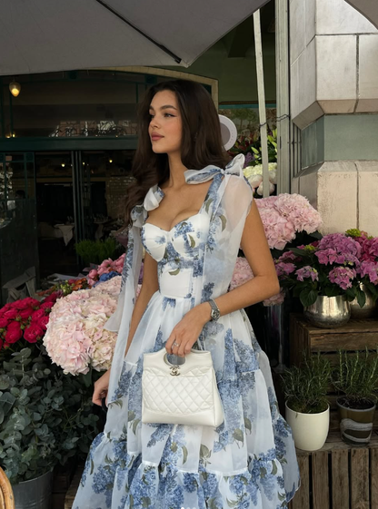 Blue Print Floral A Line Spaghetti Strap Tea Length Chiffon Homecoming Dress Cocktail Dress Outfits SH3564