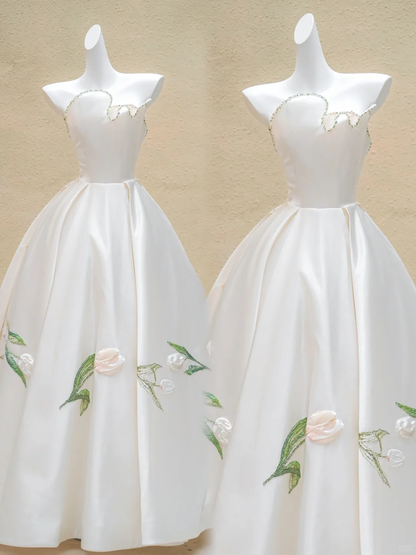 Hermoso vestido de novia largo blanco con cuentas de satén sin tirantes WD012