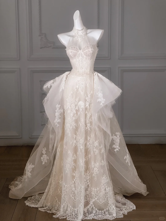 Hermoso vestido de novia de sirena, cuello alto, encaje, largo, blanco, WD004
