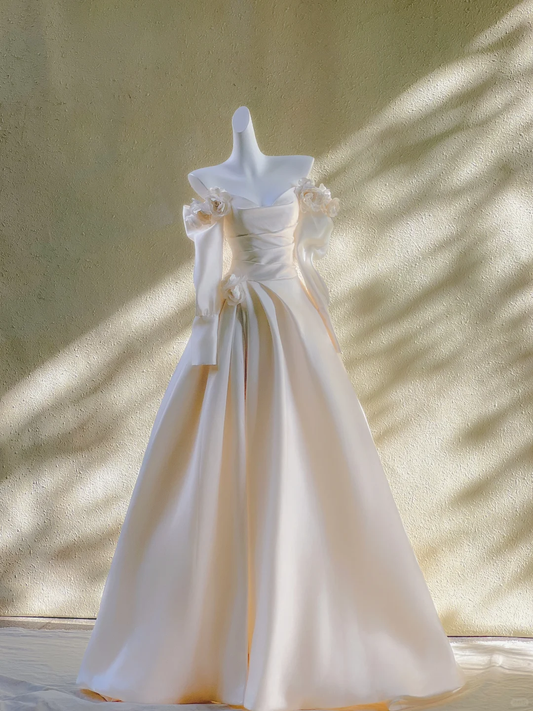 Hermoso vestido de novia con escote corazón, satén marfil, mangas largas, WD005