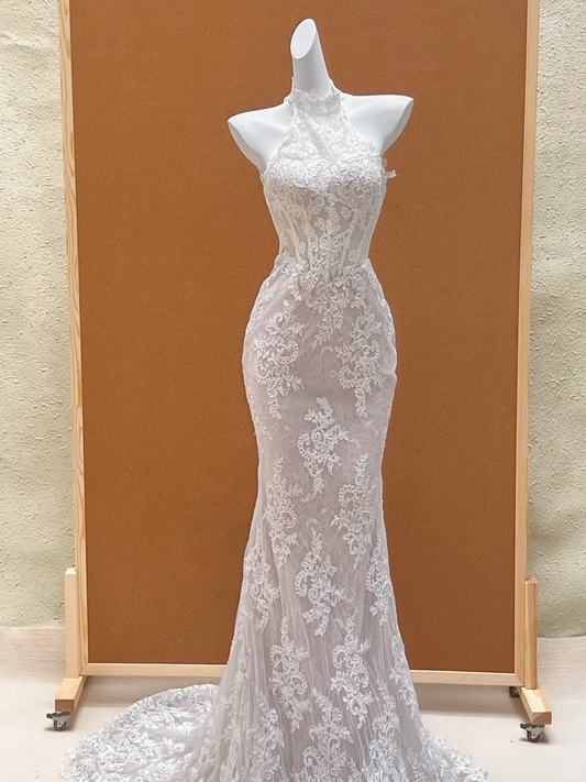 Hermoso vestido de novia de sirena, cuello alto, encaje, largo, blanco, WD006