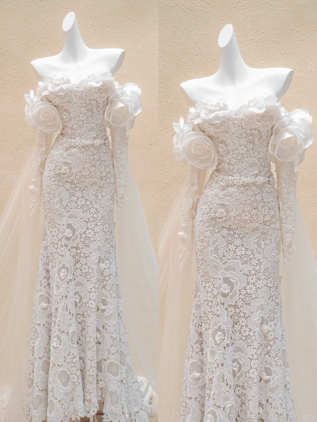 Hermoso vestido de novia con escote corazón, encaje marfil, mangas largas, WD007