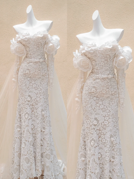 Hermoso vestido de novia con escote corazón, encaje marfil, mangas largas, WD007