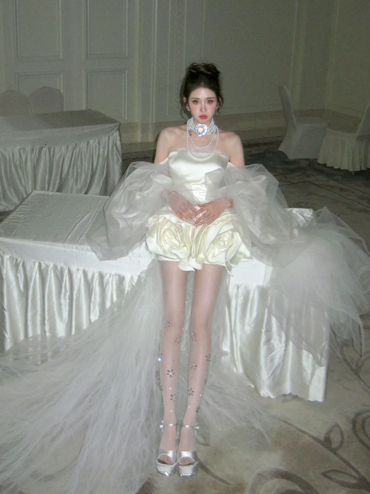 Vestido de novia único, de fiesta, con hombros descubiertos, corto, de verano, con mangas WD0073