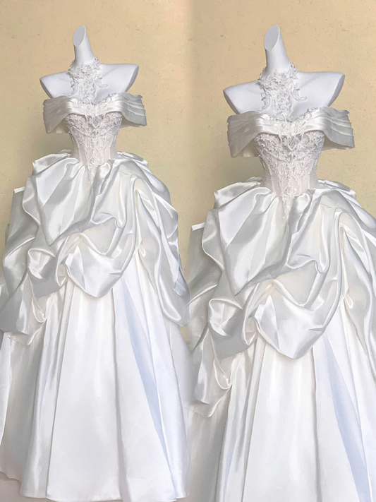 Hermoso vestido de novia largo de satén blanco con hombros descubiertos WD008