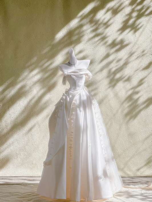 Hermoso vestido de novia largo de satén color marfil con hombros descubiertos WD009