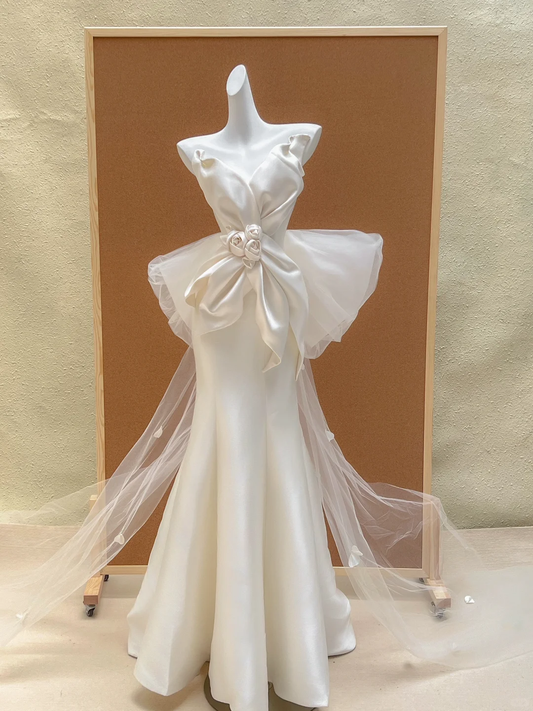 Hermoso vestido de novia de sirena con escote corazón, color marfil, largo de satén, WD011