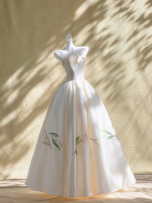 Hermoso vestido de novia largo blanco con cuentas de satén sin tirantes WD012