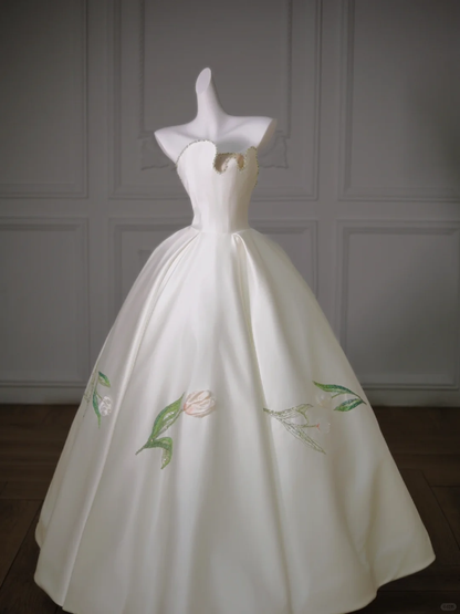 Hermoso vestido de novia largo blanco con cuentas de satén sin tirantes WD012