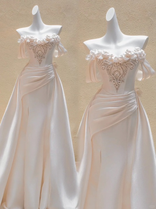 Hermoso vestido de novia largo de satén rosa claro con hombros descubiertos WD013