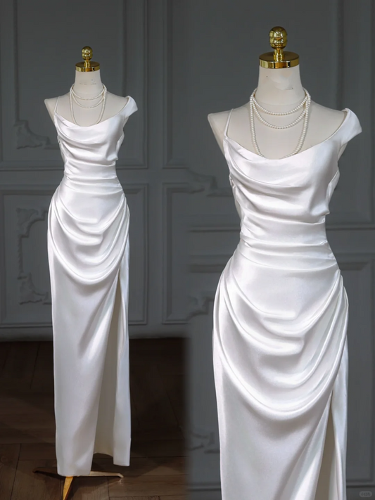 Hermoso vestido de novia largo, sin tirantes, de satén blanco, con abertura, WD014