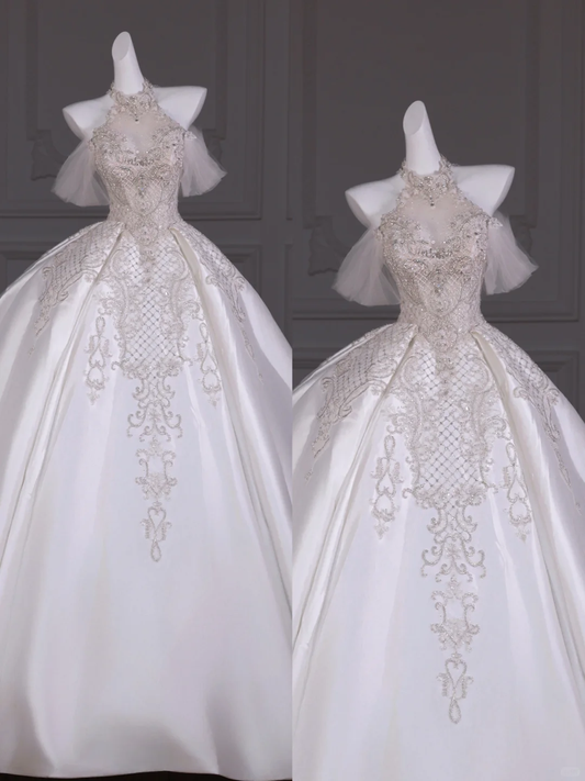 Hermoso vestido de novia de satén largo con cuello alto y apliques WD015