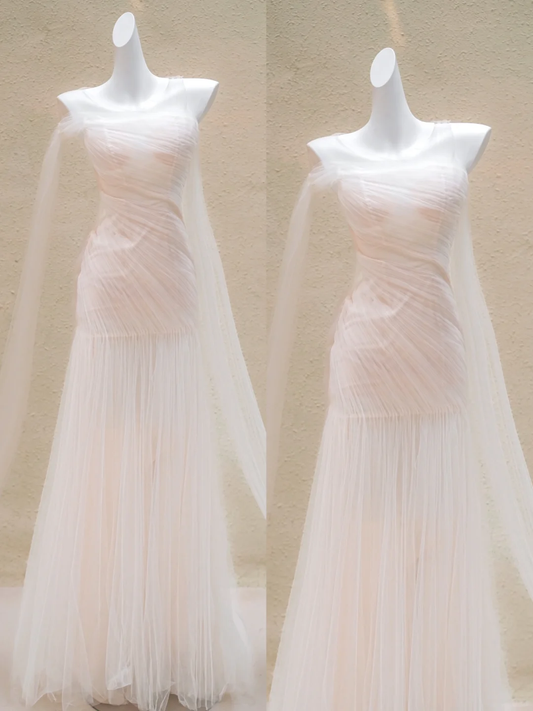 Vestido de novia sencillo de sirena sin tirantes, de tul rosa claro, largo, WD016