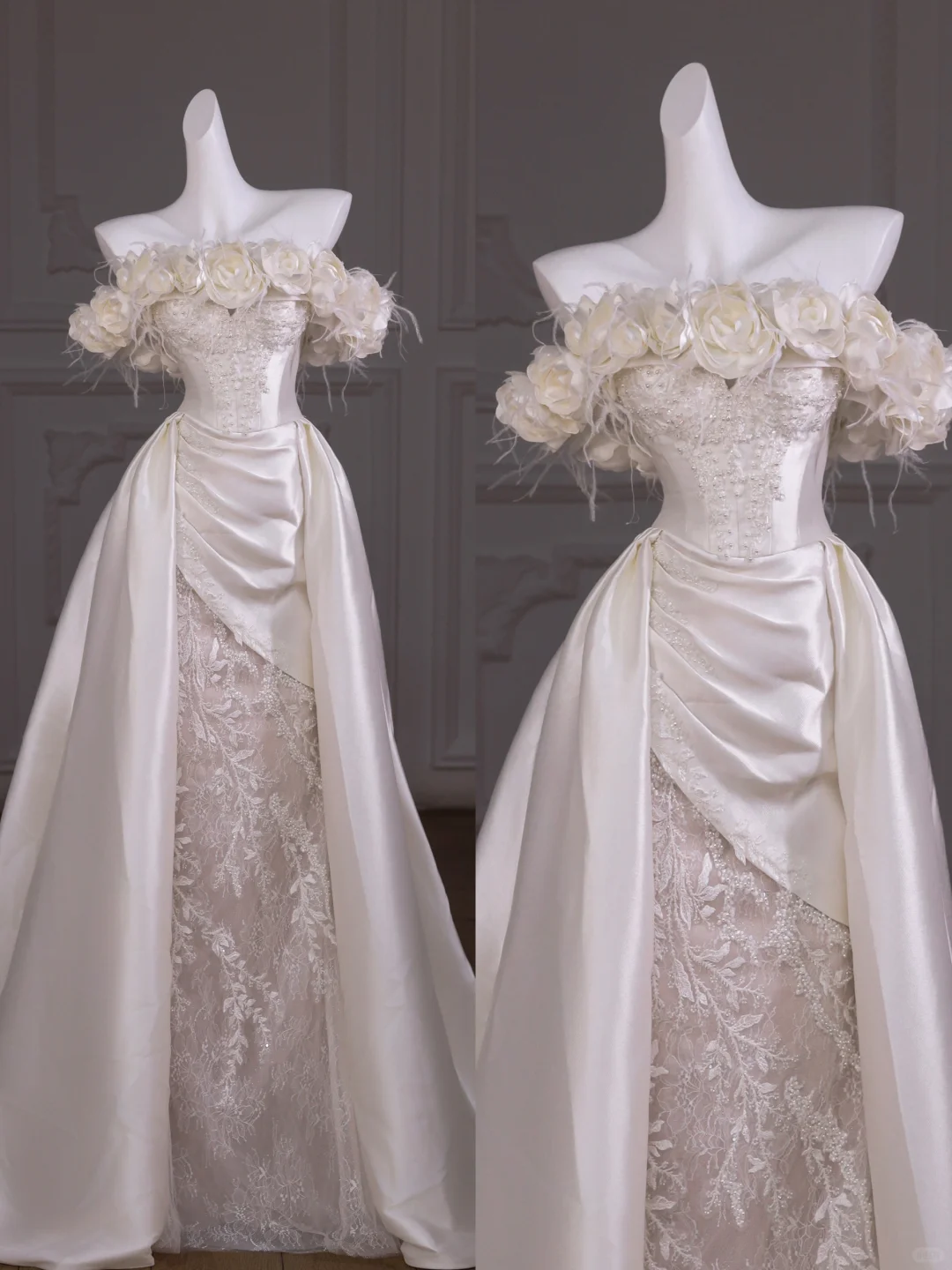 Hermoso vestido de novia largo de satén blanco, sin tirantes, con flores, WD020