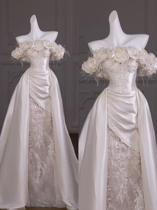 Hermoso vestido de novia largo de satén blanco, sin tirantes, con flores, WD020