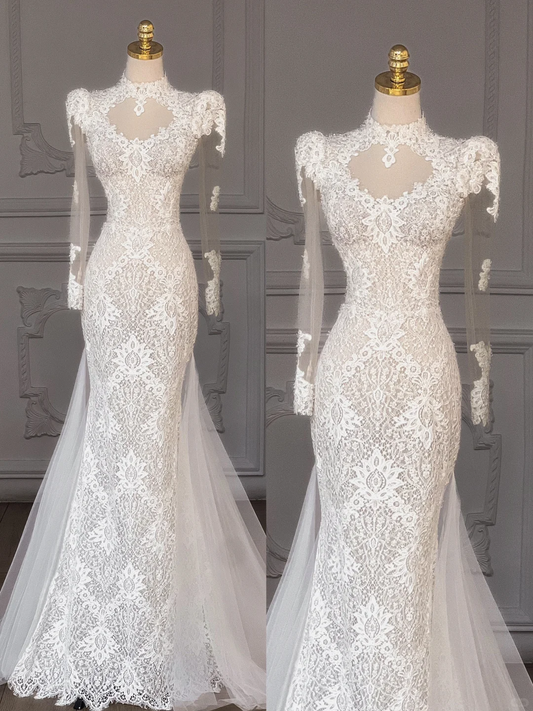 Hermoso vestido de novia de sirena, mangas largas, encaje, verano, blanco, WD022