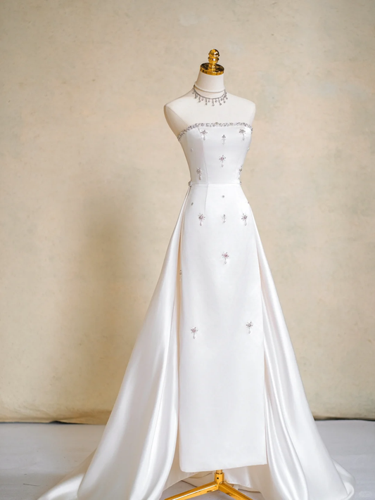 Vestido de novia de ensueño, sin tirantes, de satén blanco, largo, de verano, con capa WD023